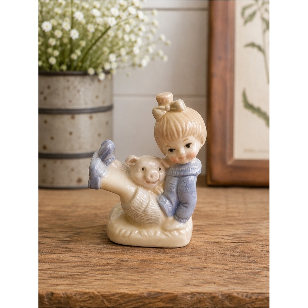 Vintage Porcelain Girl Holding Piglet‎ Figurine Blue White Farmhouse 3.25"